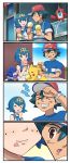  1boy 1girl 4koma blush comic food fuhikari highres ice_cream pokemon pokemon_(anime) pokemon_(creature) pokemon_sm_(anime) satoshi_(pokemon) suiren_(pokemon) textless 