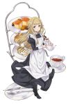  1girl apron black_shoes blonde_hair blue_eyes cup dessert food fork full_body highres knife long_hair looking_at_viewer maid_apron official_art princess_(princess_principal) princess_principal princess_principal_game_of_mission saucer shoes smile solo standing tea teacup teapot tiered_tray 