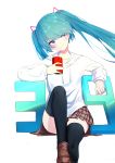  1girl absurdres black_legwear blue_eyes blue_hair blush closed_mouth collarbone hatsune_miku highres long_hair looking_away qingli_green sitting smile thigh-highs twintails vocaloid 