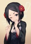  ! 1girl black_hair blouse blush camellia closed_mouth corset eating flower food food_on_face forehead gradient gradient_background grey_eyes hair_flower hair_ornament hands_up looking_at_viewer one_eye_closed princess_principal red_flower roll_okashi short_hair sidelocks solo thick_eyebrows toothpick toudou_chise upper_body white_blouse wide_sleeves 