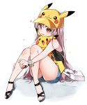  1girl :3 :d :p bag bangs bare_arms bare_legs bare_shoulders blunt_bangs blush body_blush brown_eyes buckle charm_(object) chyoling closed_mouth female full_body hat head_tilt holding holding_poke_ball knees_together_feet_apart knees_up looking_at_viewer open_mouth original pikachu poke_ball pokemon pokemon_(creature) pokemon_(game) pokemon_sm sandals shoulder_bag sile simple_background sitting sleeveless smile tank_top tareme tongue tongue_out twitter_username white_background yellow_hat z-ring 