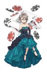  1girl ace_of_spades ange_(princess_principal) aqua_dress bare_shoulders black_gloves black_high_heels black_shoes blue_eyes braid breasts card choker closed_mouth collarbone dress elbow_gloves female formal full_body gloves grey_hair hair_between_eyes hands_together high_heels highres jack_of_spades long_dress looking_at_viewer neck official_art playing_card poker_chip princess_principal princess_principal_game_of_mission shoes short_hair sitting small_breasts smile solo strapless strapless_dress transparent_background 