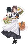  1girl apron black_shoes bottle brown_hair dorothy_(princess_principal) egg food frying_pan full_body highres holding holding_plate looking_at_viewer maid maid_apron maid_cap official_art plate princess_principal princess_principal_game_of_mission shoes solo violet_eyes 