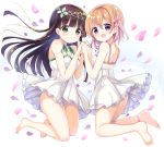  2girls :d ass barefoot blush breasts brown_hair closed_mouth collarbone commentary_request dress eyebrows_visible_through_hair feet full_body gochuumon_wa_usagi_desu_ka? green_eyes hair_between_eyes hair_ornament hair_ribbon hand_holding hoto_cocoa interlocked_fingers kurou_(quadruple_zero) long_hair long_sleeves looking_at_viewer matching_outfit medium_breasts multiple_girls open_mouth orange_hair petals ribbon short_hair sleeveless sleeveless_dress smile soles sundress thigh-highs thighs ujimatsu_chiya upskirt violet_eyes white_dress 