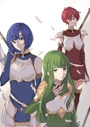  3girls armor blue_hair breastplate est fire_emblem fire_emblem:_ankoku_ryuu_to_hikari_no_tsurugi fire_emblem:_mystery_of_the_emblem fire_emblem:_shin_ankoku_ryuu_to_hikari_no_tsurugi fire_emblem:_shin_monshou_no_nazo fire_emblem_echoes:_mou_hitori_no_eiyuuou fire_emblem_gaiden green_hair highres holding holding_weapon katua looking_at_viewer multiple_girls paola pauldrons pink_hair polearm siblings smile spear weapon 