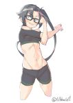  1girl amagiri_(kantai_collection) bare_shoulders bike_shorts black-framed_eyewear black_eyes black_hair blush cowboy_shot cropped_legs ebifurya eyebrows_visible_through_hair glasses groin highres kantai_collection long_hair navel open_mouth ponytail simple_background solo stomach stretch toned twitter_username white_background 