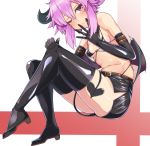  1girl alternate_costume blush boots breasts demon_girl demon_horns demon_tail demon_wings dura elbow_gloves full_body gloves highres horns looking_at_viewer micro_bra navel neptune_(choujigen_game_neptune) neptune_(series) one_eye_closed purple_hair shoes short_hair simple_background sitting small_breasts smile solo tail thigh-highs violet_eyes wings zettai_ryouiki 
