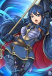  1girl armor blue_hair cape fire_emblem fire_emblem:_kakusei fire_emblem_heroes holding holding_weapon long_hair lucina polearm pyesan solo spear weapon 