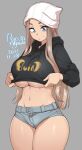  1girl agawa_ryou artist_name beanie black_hoodie blue_eyes breasts closed_mouth commentary cowboy_shot crop_top dated denim denim_shorts english_commentary grey_background groin hat hood hood_down hoodie hoodie_pull huge_breasts light_brown_hair linea_alba long_hair long_sleeves looking_down navel numbered original short_eyebrows short_shorts shorts sidelocks simple_background skindentation solo sweatdrop thick_thighs thighs under_boob v-shaped_eyebrows very_long_hair white_headwear 