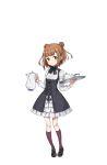  1girl bangs beatrice_(princess_principal) black_bow black_shoes blunt_bangs bow brown_eyes brown_hair double_bun highres holding holding_tray kneehighs looking_at_viewer mary_janes official_art princess_principal princess_principal_game_of_mission purple_legwear school_uniform shoes short_hair solo standing teapot tray 