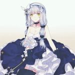  1girl absurdres bangs bare_shoulders black_choker blue_dress blue_gloves blue_legwear blunt_bangs bow breasts choker closed_mouth dress eyebrows_visible_through_hair flower frilled_dress frills gem girls_frontline gloves gocoli hair_bow hair_flower hair_ornament hair_over_shoulder highres hk416_(girls_frontline) jewelry lavender_hair long_hair looking_at_viewer low_twintails medium_breasts necklace sitting smile solo thigh-highs twintails white_background yellow_eyes 