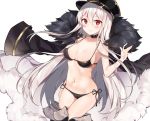  1girl arm_at_side bikini black_legwear blush boots breasts closed_mouth collar cowboy_shot dutch_angle fur_trim girls_frontline hair_between_eyes hat jacket_on_shoulders kar98k_(girls_frontline) kurut long_hair looking_at_viewer medium_breasts navel red_eyes side-tie_bikini sidelocks simple_background smile solo string_bikini swimsuit thigh-highs thigh_boots very_long_hair white_background white_hair 