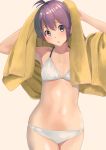  1girl ahoge armpits bikini blush brown_eyes collarbone drying drying_hair flat_chest grey_background hair_between_eyes halterneck hands_in_hair highres kantai_collection looking_at_viewer masukuza_j navel parted_lips purple_hair sakawa_(kantai_collection) short_hair simple_background skindentation solo swimsuit towel upper_body wet white_bikini 