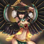  1girl ;) absurdres alternate_costume armpits arms_up black_hair breasts circlet cleavage dancing egyptian eyeshadow hannah_santos harem_outfit head_wings highres hime_cut jewelry large_wings lips loincloth long_hair looking_at_viewer makeup medium_breasts midriff navel one_eye_closed reiuji_utsuho revealing_clothes ring see-through single_gauntlet slender_waist smile symbol-shaped_pupils thumb_ring touhou wings yellow_eyes 