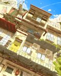  balcony building cherry_blossoms chimney clouds commentary_request condensation_trail day directional_arrow door graphite_(medium) grass grate highres hotaka house no_humans original outdoors plant potted_plant railing sign sky traditional_media tree window 