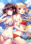  2girls :d absurdres arm_up artist_name ass-to-ass ball beach beachball bikini bird blonde_hair blue_eyes blue_sky breasts brown_hair cleavage condensation_trail cowboy_shot day from_side front-tie_bikini front-tie_top green_eyes hair_ribbon highres katou_megumi locked_arms looking_at_viewer medium_breasts multiple_girls navel nishimura_eri open_mouth parted_lips red_bikini ribbon saenai_heroine_no_sodatekata sawamura_spencer_eriri scan short_hair side-tie_bikini sky smile striped striped_bikini swimsuit twintails 