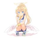  1girl angel blonde_hair blue_eyes bracelet braid french_braid halo jewelry kyuuri_(miyako) liliana_hart long_hair looking_at_viewer one_eye_closed pointy_ears ponytail pop-up_story shoes shorts smile sneakers solo winged_shoes wings 