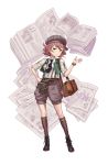  1girl belt black_shoes brown_legwear camera cathy_higgins freckles green_eyes hand_on_hip hat highres looking_at_viewer necktie newspaper official_art pouch princess_principal princess_principal_game_of_mission redhead shoes shorts smile solo standing suspenders thigh-highs vest watch 