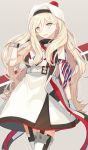  1girl armband beret blonde_hair dress garter_straps gloves grey_background hat hiiragi_souren kantai_collection long_hair mole mole_under_eye mole_under_mouth multicolored multicolored_clothes multicolored_gloves pom_pom_(clothes) richelieu_(kantai_collection) smile solo thigh-highs white_dress white_legwear yellow_eyes 