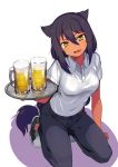  1girl absurdres alcohol beer beer_mug black_hair blush breasts collared_shirt commentary_request dark_skin fang hair_between_eyes head_tilt highres holding holding_tray kneeling konbu_wakame long_hair looking_at_viewer medium_breasts open_mouth pants parted_lips shirt shoes short_sleeves simple_background solo tray wavy_mouth white_background white_shirt wing_collar yellow_eyes yumemiru_prima_girl 