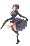  1girl black_boots black_dress boots breasts brown_hair cleavage cleavage_cutout dorothy_(princess_principal) dress frilled_skirt frills gun hair_up highres holding holding_gun holding_weapon large_breasts long_hair official_art princess_principal princess_principal_game_of_mission skirt skirt_lift smile violet_eyes weapon 