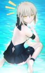 1girl artoria_pendragon_(swimsuit_rider_alter)_(fate) ass back black_swimsuit breasts fate/grand_order fate_(series) grey_hair in_water looking_at_viewer magicians_(zhkahogigzkh) one-piece_swimsuit sideboob sitting solo swimsuit yellow_eyes 