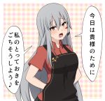  1girl apron blush bokota_(bokobokota) breasts checkered checkered_background gangut_(kantai_collection) grey_hair hammer kantai_collection large_breasts long_hair looking_at_viewer musical_note open_mouth orange_eyes quaver red_shirt remodel_(kantai_collection) scar scar_on_cheek shirt sickle simple_background solo speech_bubble spoken_musical_note star translation_request 