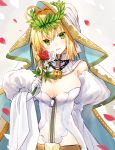  1girl bangs belt blonde_hair blush breasts detached_sleeves eyebrows_visible_through_hair fate/extra fate/extra_ccc fate/grand_order fate_(series) flower green_eyes hair_between_eyes hair_intakes highres holding holding_flower large_breasts laurel_crown leotard looking_at_viewer open_mouth parted_lips petals red_rose rose rose_petals saber_bride saber_extra sidelocks smile solo tsurime upper_body veil white_leotard yuya_(night_lily) zipper 
