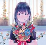  1girl black_hair blue_eyes bouquet closed_mouth flower highres leaf long_hair looking_at_viewer original plant ribbon shinobu_(kobanatu) 