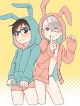  2boys animal_hood black_hair blue-framed_eyewear blue_eyes blush boxers briefs brown_eyes bunny_hood finger_to_mouth glasses hood hoodie jewelry katsuki_yuuri male_focus multiple_boys no_pants one_eye_closed open_clothes open_hoodie ring ruei_(chicking) silver_hair smile underwear viktor_nikiforov yuri!!!_on_ice 