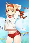  1girl ahoge arched_back arms_up ayami_(annahibi) bangs blonde_hair buruma closed_mouth confetti cowboy_shot day eyebrows_visible_through_hair fate/grand_order fate_(series) green_eyes gym_shirt gym_uniform hair_intakes headband highres looking_at_viewer name_tag navel outdoors pennant saber_extra shirt short_sleeves sidelocks smile solo stretch 