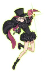  &gt;:o 1girl :o ange_(princess_principal) aura black_boots black_gloves black_hat black_shoes blue_eyes boots braid cape cavorite_ball full_body gloves glowing grey_hair gun hat highres holding holding_gun holding_weapon looking_at_viewer official_art princess_principal princess_principal_game_of_mission shoes solo top_hat weapon 