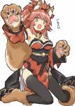  &gt;:o 1girl :o @_@ absurdres animal_ears armpit_peek bad_id bad_pixiv_id bangs bare_shoulders bell bell_collar black_legwear blush_stickers breasts claws collar detached_sleeves eyebrows_visible_through_hair fangs fate/grand_order fate_(series) fox_ears fox_tail full_body highres japanese_clothes kneeling long_hair long_sleeves medium_breasts obi open_mouth paws pink_hair ponytail sash simple_background solo tail tamamo_(fate)_(all) tamamo_cat_(fate) teshima_nari thigh-highs white_background yellow_eyes 