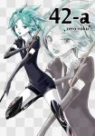  bent_knees black_gloves black_necktie elbow_gloves gloves green_eyes green_hair happy highres holding houseki_no_kuni looking_at_viewer necktie open_mouth personification phosphophyllite short_hair short_sleeves solo standing standing_on_one_leg sword uniform weapon zoom_layer zun_(m_o_v_o_m) 