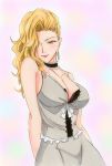  ballroom_e_youkoso blonde_hair breasts choker cleavage earrings hair_over_one_eye highres hyoudou_marisa jewelry large_breasts looking_at_viewer millipen_(medium) mole mole_under_mouth potekite smile traditional_media yellow_eyes 