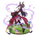  1girl animal_ears arm_up detached_sleeves floating_hair full_body holding holding_sword holding_weapon long_hair looking_at_viewer looking_back one_leg_raised purple_hair rabbit_ears red_eyes red_legwear simple_background solo sword sword_art_online thigh-highs very_long_hair weapon white_background yuuki_(sao) 