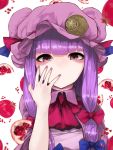  1girl ^_^_(k-4610) bangs blue_bow blue_ribbon blunt_bangs bow commentary_request crescent crescent_hair_ornament hair_bow hair_ornament hat hat_ribbon highres nail_polish no_mouth no_nose patchouli_knowledge pink_eyes purple_hair purple_hat purple_nails red_bow red_ribbon ribbon sidelocks solo touhou upper_body white_background 