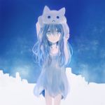  1girl :o animal_hat arm_up bangs blue blue_dress blue_hair blue_sky cat_hat dress hair_between_eyes hand_up hat legs_apart long_hair looking_at_viewer mari_(milkuro) open_mouth original petite short_dress sky solo standing tareme 