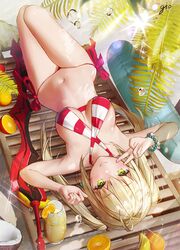  1girl aestus_estus ahoge arms_up artist_name bikini blonde_hair bracelet breasts closed_mouth criss-cross_halter eyebrows_visible_through_hair fate/grand_order fate_(series) food fruit gio_(maroon0924) green_eyes hair_intakes halterneck jewelry large_breasts lying navel nero_claudius_(swimsuit_caster)_(fate) on_back orange outdoors saber_extra side-tie_bikini smile solo striped striped_bikini swimsuit twintails upside-down v water_drop 