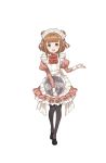  1girl :d apron bangs beatrice_(princess_principal) black_legwear black_shoes blunt_bangs brown_eyes brown_hair double_bun highres holding holding_tray looking_at_viewer maid maid_apron maid_headdress medium_hair official_art open_mouth pantyhose pink_skirt princess_principal princess_principal_game_of_mission shoes skirt smile solo standing tray 