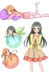  2girls asuna_(sao) black_eyes black_hair butterfly_wings dress highres long_hair looking_at_viewer lying multiple_girls open_mouth orange_eyes orange_hair pillow pillow_hug smile sword_art_online thigh-highs wings yui_(sao) zettai_ryouiki 