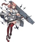  1girl breasts brown_hair dress flight_deck garter_straps gun hair_ornament kantai_collection large_breasts official_art ponytail red_legwear remodel_(kantai_collection) saratoga_(kantai_collection) shizuma_yoshinori side_ponytail smokestack solo submachine_gun thigh-highs thompson_submachine_gun weapon white_dress 