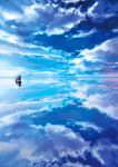  1boy 1girl blue_sky clouds cloudy_sky commentary day dress driving from_side ground_vehicle hat highres motor_vehicle ocean on_water original outdoors reflection ripples scenery scooter sky takaichi_(tkch) water_surface white_dress 