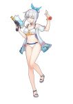  1girl :d bare_legs bare_shoulders bell bell_choker bikini blue_bow blue_eyes blue_jacket blush bow bracelet cat_lingerie choker flower_ornament grey_hair gun hair_between_eyes hair_bow hair_bun holding holding_gun holding_weapon jacket jewelry looking_at_viewer medium_hair meme_attire off_shoulder official_art one_eye_closed open_mouth pearl_bracelet ribbon sandals sangai_senki short_sleeves simple_background smile solo standing standing_on_one_leg swimsuit tamaxi123 water_gun weapon white_background white_bikini yellow_ribbon 