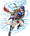  1boy armor blue_eyes blue_hair cape fire_emblem fire_emblem:_souen_no_kiseki fire_emblem_heroes full_body gloves headband highres ike male_focus official_art open_mouth ragnell short_hair solo weapon white_background 