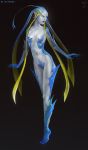 1girl barefoot black_background blue_eyes blue_skin breasts final_fantasy final_fantasy_viii full_body highres looking_to_the_side medium_breasts navel pale_skin parted_lips pointy_ears sandra_duchiewicz shiva_(final_fantasy) solo stomach tentacle_hair tiptoes 