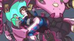  1girl acronym animal_print ass back bangs blue_bodysuit bodysuit bracer breasts brown_eyes brown_hair candy clothes_writing cockpit commentary_request d.va_(overwatch) facepaint facial_mark food from_behind full_body gloves gun headphones high_collar highres lollipop long_hair looking_at_viewer looking_back mecha medium_breasts meka_(overwatch) mouth_hold overwatch perspective pilot pilot_suit ribbed_bodysuit shou_madao shoulder_pads skin_tight solo swept_bangs thigh_strap weapon whisker_markings white_gloves 