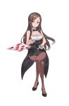  1girl adapted_costume belt black_shoes breasts brown_hair card cleavage dorothy_(princess_principal) highres invisible_chair large_breasts legs_crossed long_hair looking_at_viewer official_art pantyhose playing_card princess_principal princess_principal_game_of_mission shoes sitting violet_eyes wrist_cuffs 
