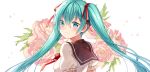  1girl blue_eyes blue_hair diten eyebrows_visible_through_hair floating_hair from_behind hair_between_eyes hair_ribbon hatsune_miku long_hair neck_ribbon pink_flower portrait red_ribbon ribbon shirt short_sleeves simple_background smile solo twintails very_long_hair vocaloid white_background white_shirt 