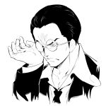  1boy adjusting_glasses batsu captain_kuro frown glasses half_opaque_glasses male_focus monochrome one_piece solo 